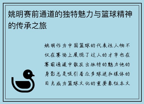 姚明赛前通道的独特魅力与篮球精神的传承之旅